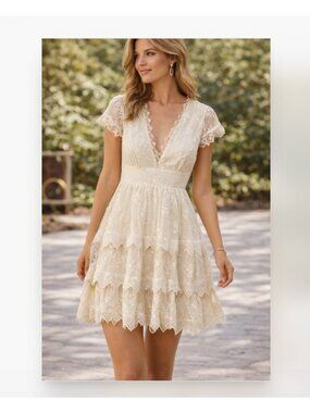 Rococo Sand Dress Womens Large White Lace Embroidered Ruffle Fit Flare Mini